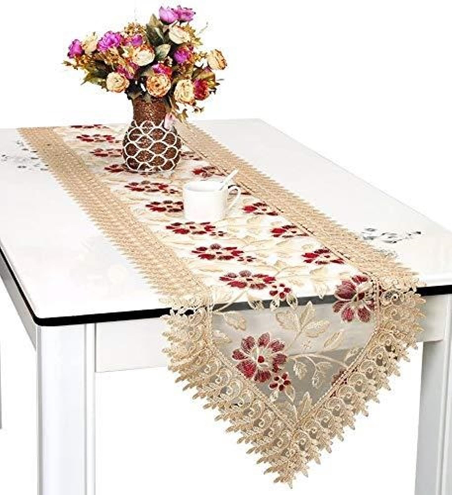 MONKDECOR Tissue Embroidery Floral Design Dining Table Runner (Size-15x70 Inches) Design-Maroon Flower-image-42