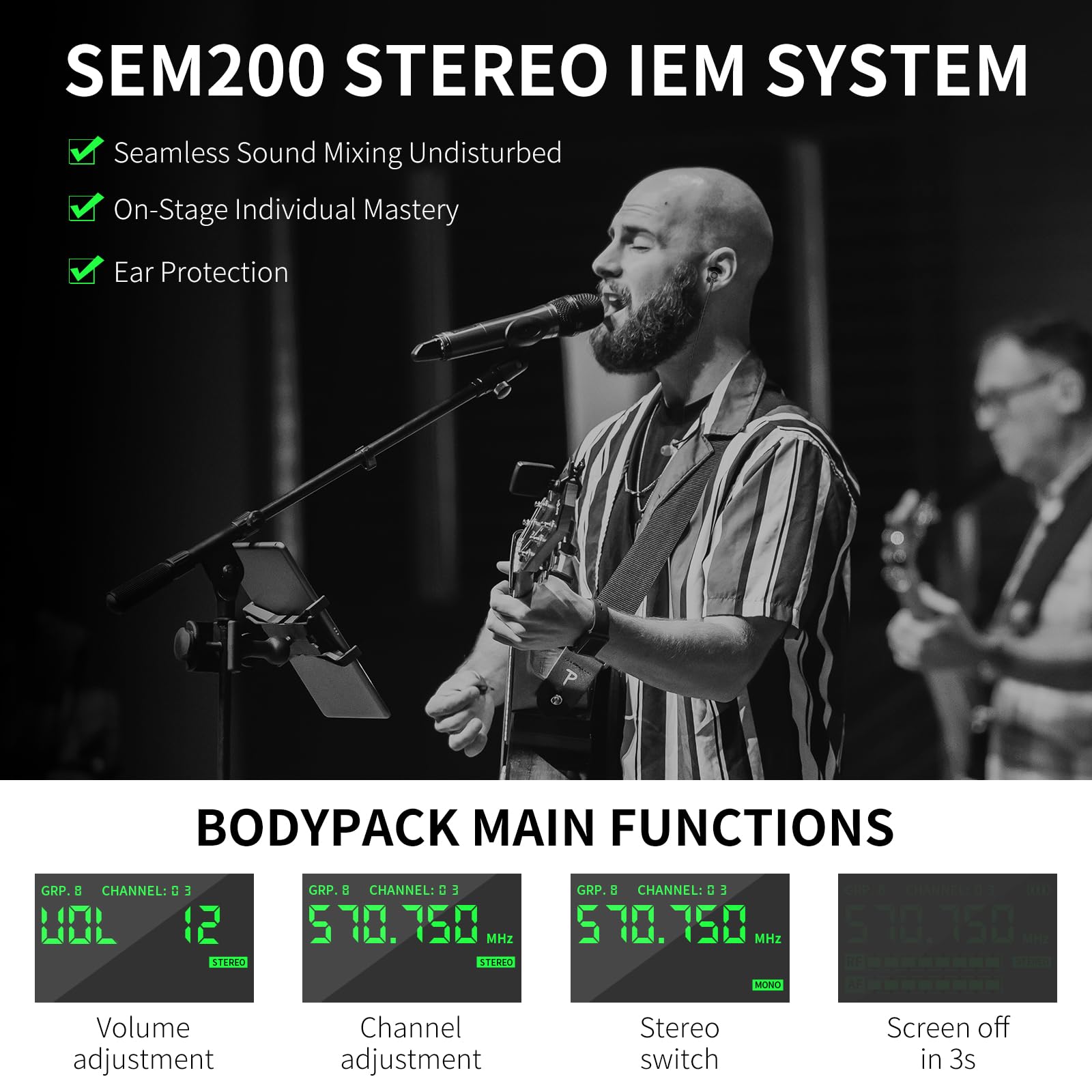 XTUGA SEM200 2 Kanal Stereo Wireless In Ear Monitor System 2 Wiederaufladbare Bodypacks UHF Bühnenüberwachung mit Bluetooth Wireless In Earphone für Studio (2 Empfänger + 1 Sender)