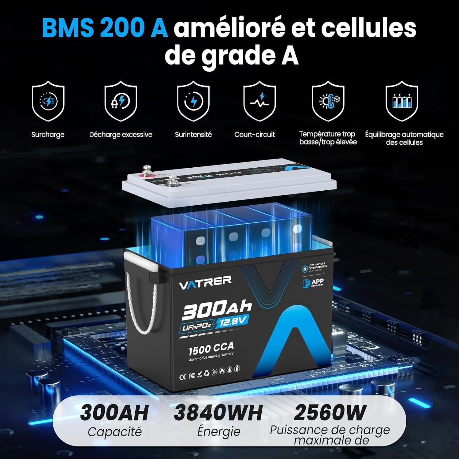 VATRER POWER Batteria al litio LiFePO4 da 12 V, 300 Ah, con monitoraggio tramite app