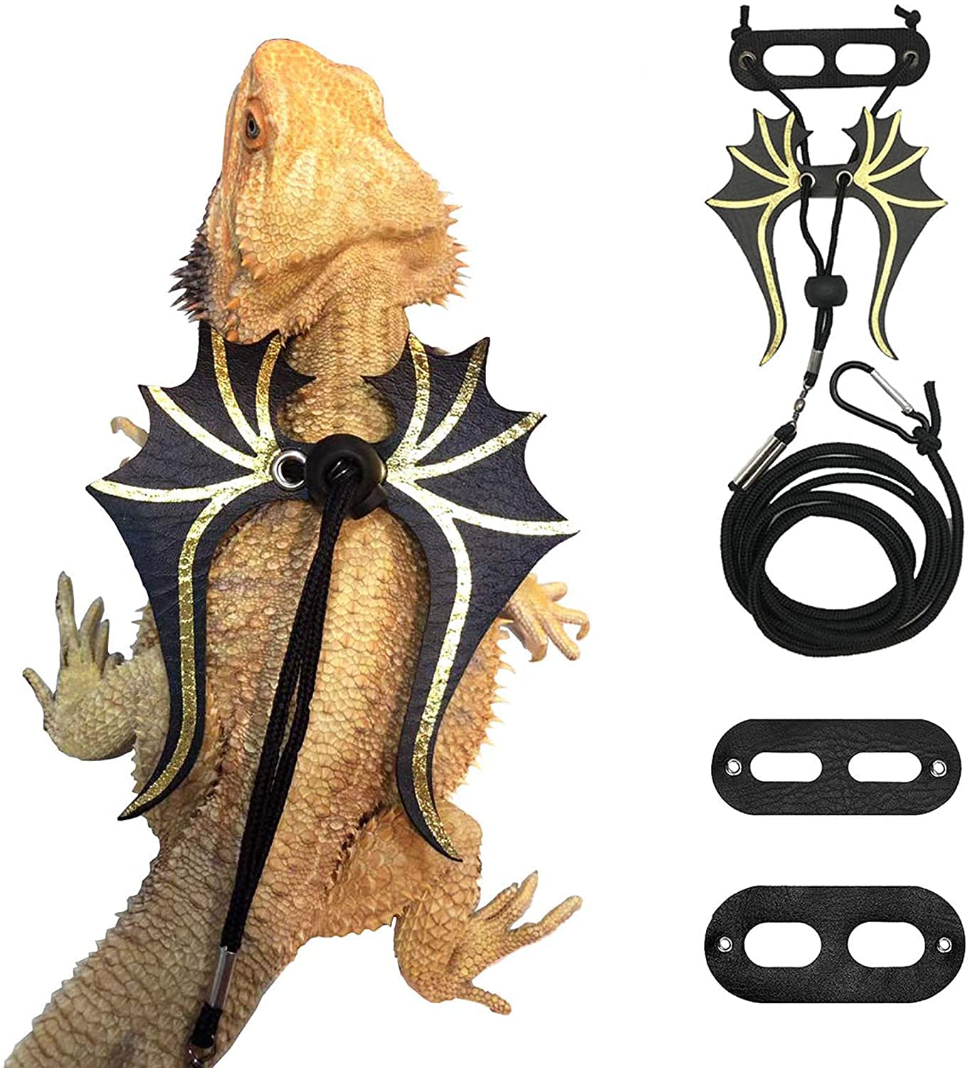 Lizard Leash Dragon Adjustable Harness Includes 1 pcs Tow rope 1 pcs Dinosaur Wing and 3 Size Soft Leather Shims for Small Medium and Large Bearded Dragon Lizard Reptiles