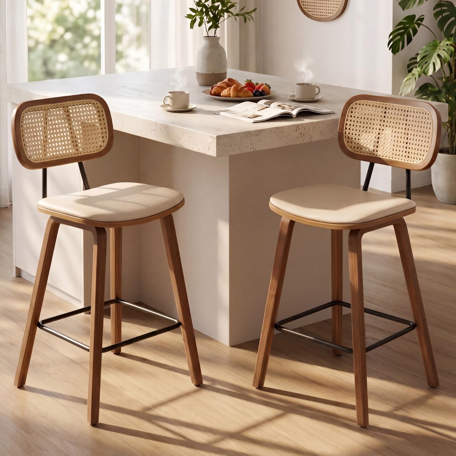 Ya-Home Juego de 2 Taburetes Altos de Cocina Modernos con Respaldo Rattán,Taburetes de Bar Tapizando en Cojín de PU, Sillas Altas de Mostrador con Patas de Madera para Hogar/Restaurante