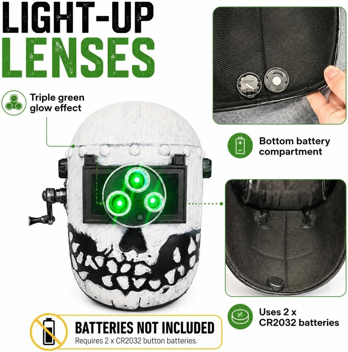 Light Up Triple Glowing Green Eyes Cracked Skull Horror Mask - Scary Halloween Cosplay Full Face Welding Helmet Costume Accessory