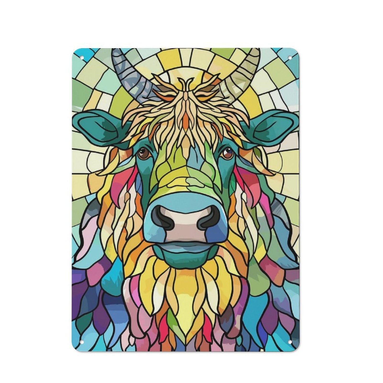 Junmoney Style-8 Tin Wall Plaque 40X30cm With Stained Glass Highland Cow For Hallway Wall, Suited To Hallway Decor Lovers, For Retro Home Interiors