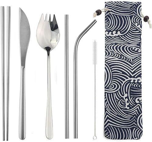 Jashi 304 - Juego de cubiertos reutilizables de acero inoxidable con pajitas y paños para camping, oficina, picnic, apto para lavavajillas