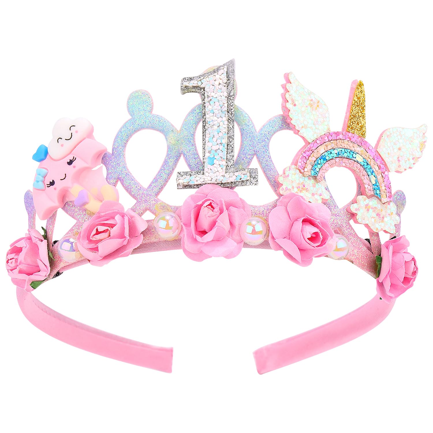 SuPoo First Birthday Decorations for Girl 1st Birthday Crown Headband Pink Hair Band Princess Tiara One Year Old Birthday Party Decorations Outfit