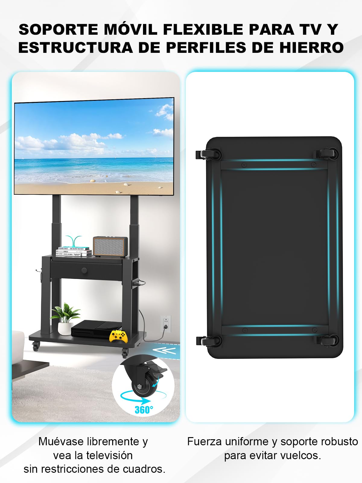 Soporte de TV, Toma de Corriente y cajón de Tela, para TV Planas/Curvas de 32-75", soporta hasta 100 kg, Carro móvil TV con Ruedas y Altura Ajustable, para hogar y Oficina. VESA máx 600 x 400mm Negro