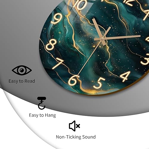 Miniatura 6 de Reloj de pared verde azulado para sala de estar de 12 pulgadas, reloj de pared de mármol a pilas, cuarzo redondo, dorado, silencioso, sin tictac,