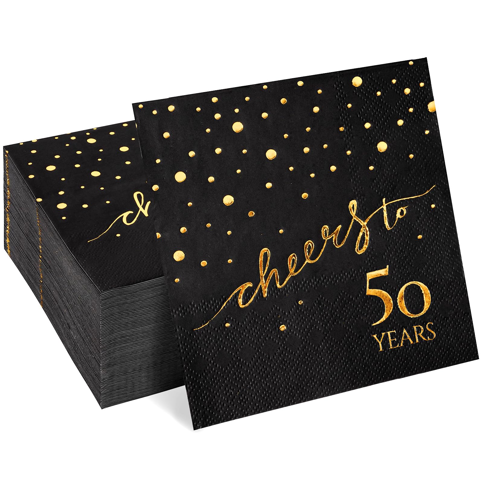 Paquete de 100 servilletas de 50 cumpleaños, servilletas de cóctel de 3 capas de 5 x 5 pulgadas, servilletas de papel para decoración de cumpleaños, boda, aniversario, negro y dorado