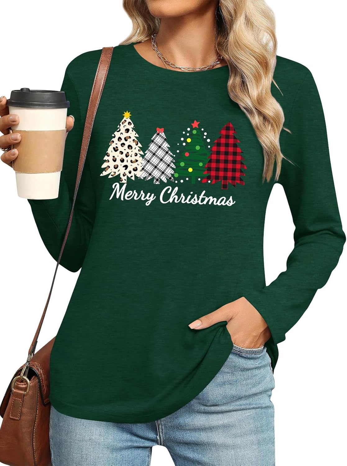 Christmas T-Shirt for Women Long Sleeve Round Neck Xmas Holiday Shirts Casual Basic Tunic Tops - Image 2