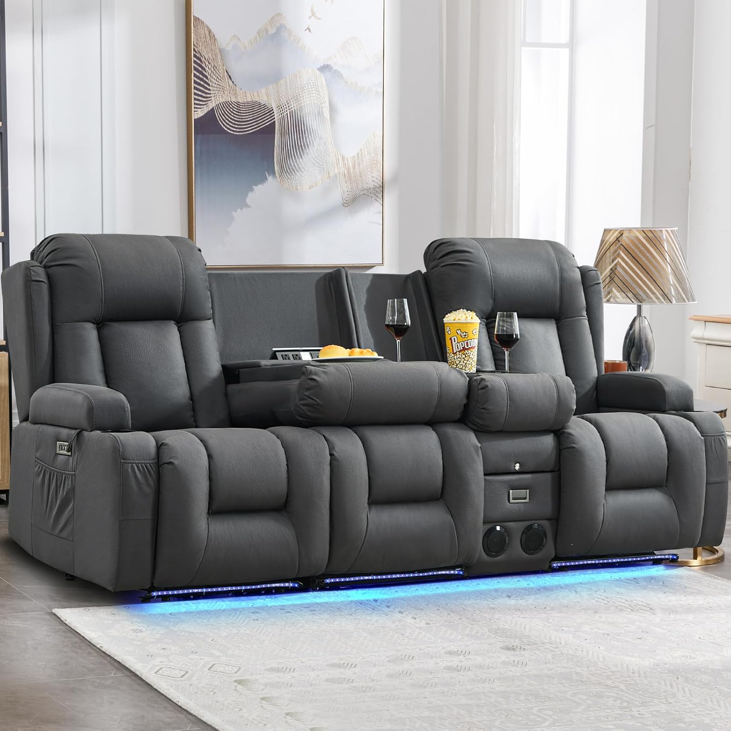 IPKIG Power Recliner Sofa with Flip-Up Backrest Console, USB & USB-C Ports, AC Outlet, LED Lights, Wall Hugger Recliners for Living Room, RV (Light Blue, 89" - 4 Seat) | Leathaire Fabric, Zero Gravity, Dual Reclining, 2 Lumabr Pillow, Bluetooth Speakers