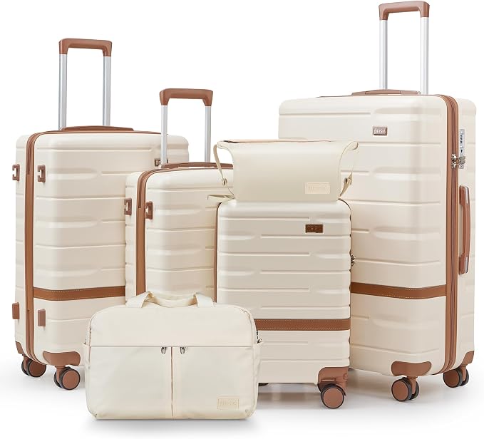 NEISIA Luggage Sets Lightweight Hard Shell Suitcases with Spinner Wheels for Family Travel - Durable PC+ABS Material Carry On Luggage YKK Zippers (Beige, 6 Piece Sets (18/20/24/28/DB/TB))