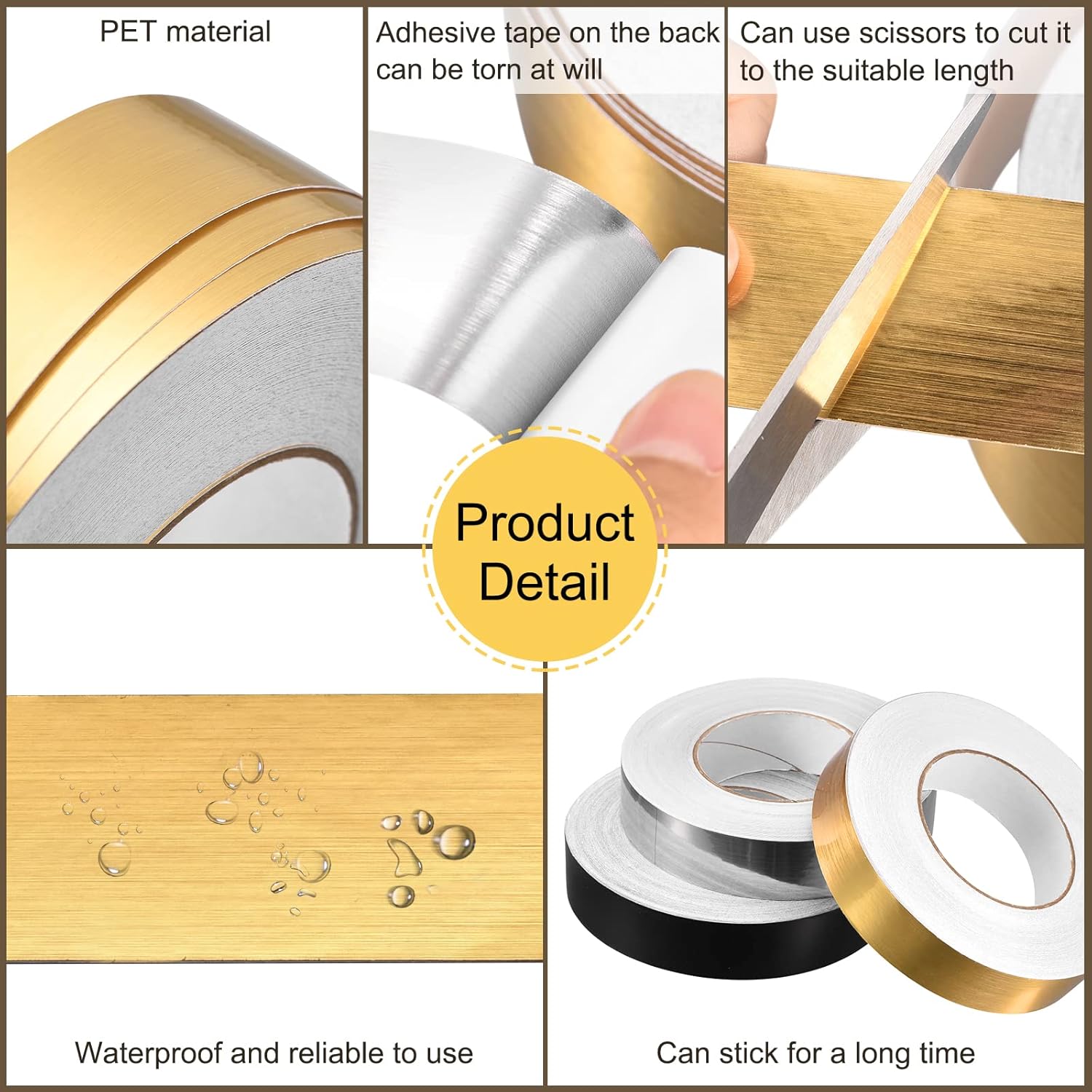 uxcell 0.98 Inchx164 Ft Foil Self Adhesive Tile Sticker Decoration Gap Sealing Tape Strip Waterproof Self-Adhesive Floor Crevice Line Sticker for Wall, Cabinet, Kitchen, Gold