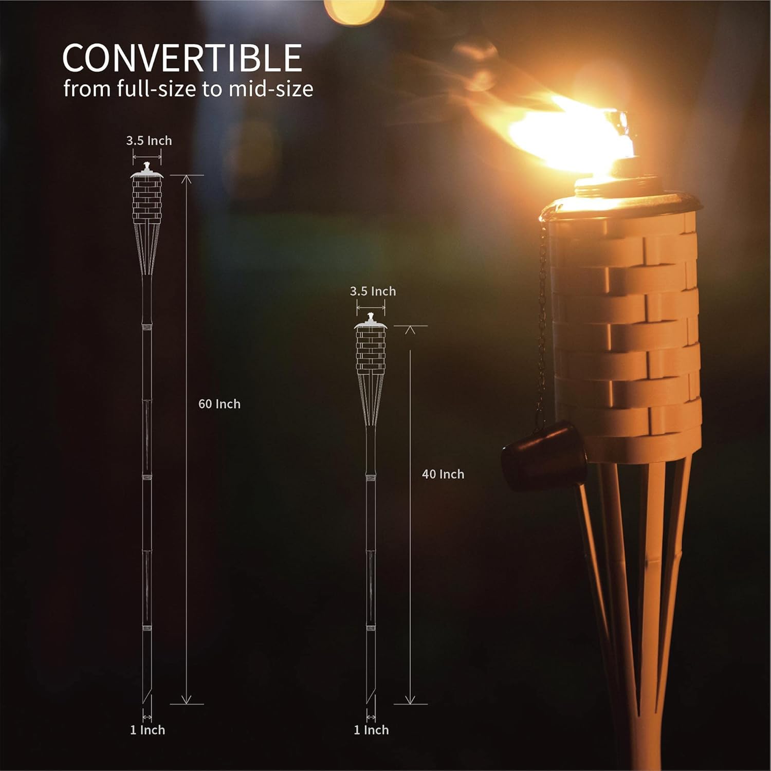 ONETHATCH Citronella Torches (Brown Color, 4pack); Bamboo Torch, Perfect for Outdoor Lighting, Luau, Summer Parties, and Garden Decor; Wide-Mouth Metal Canister, Stands 60" Tall.