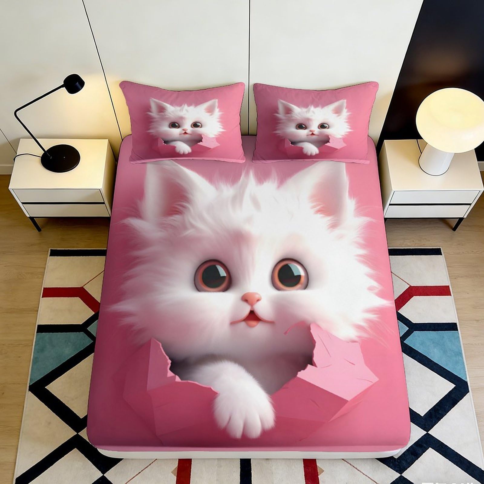 Pnayamiorkfel Style-3 3D Printed Cute White Kitten Fitted Sheet Microfiber Pink Bed Cover For Bedroom Guest Room Dorm Mattress Decor 90X200x25cm