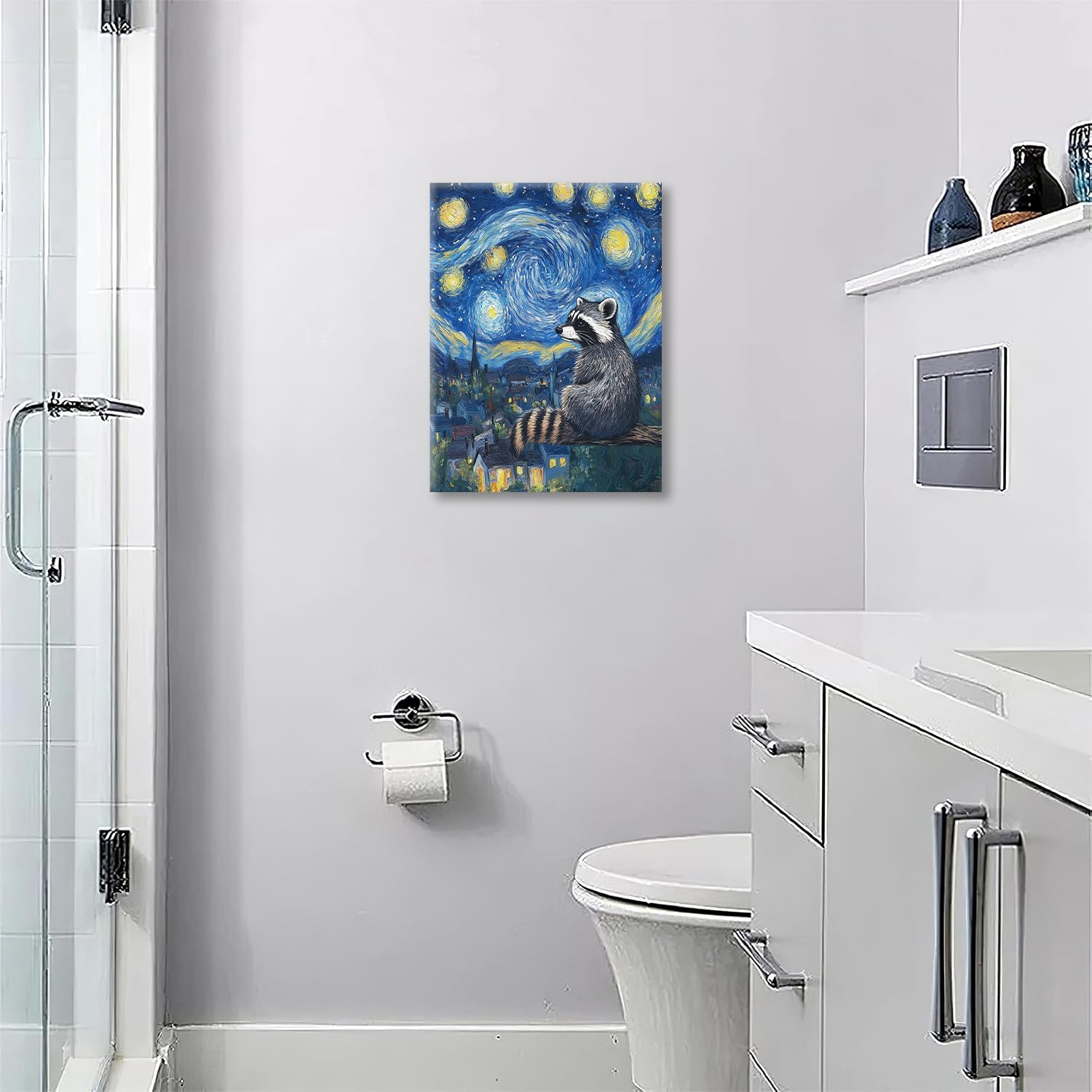 Raccoon Starry Night Canvas Wall Art Animal Pictures for Kitchen Living Room Bedroom Bathroom Office,Raccoon Abstract Print Wildlife Raccoons Painting Home Modern Art Work Framed Wall Decor 16" x 12"