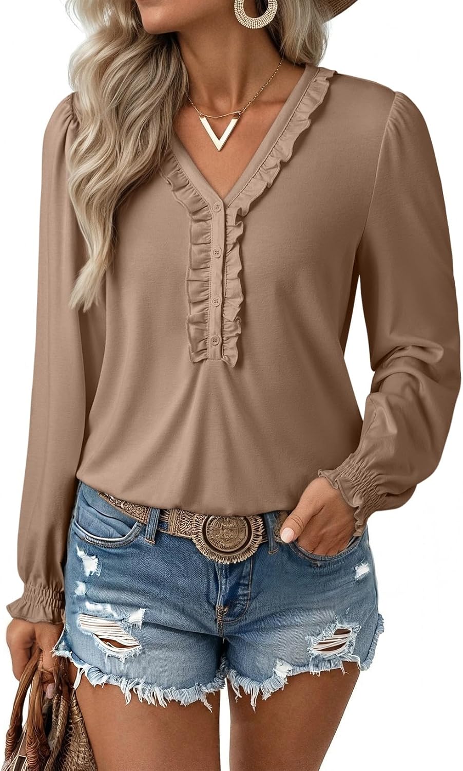 EVALESS Long Sleeve Shirts for Women Cute Ruffled V Neck Tops for Women 2025 Basic Blouses Fall Outfits Fashion Clothing