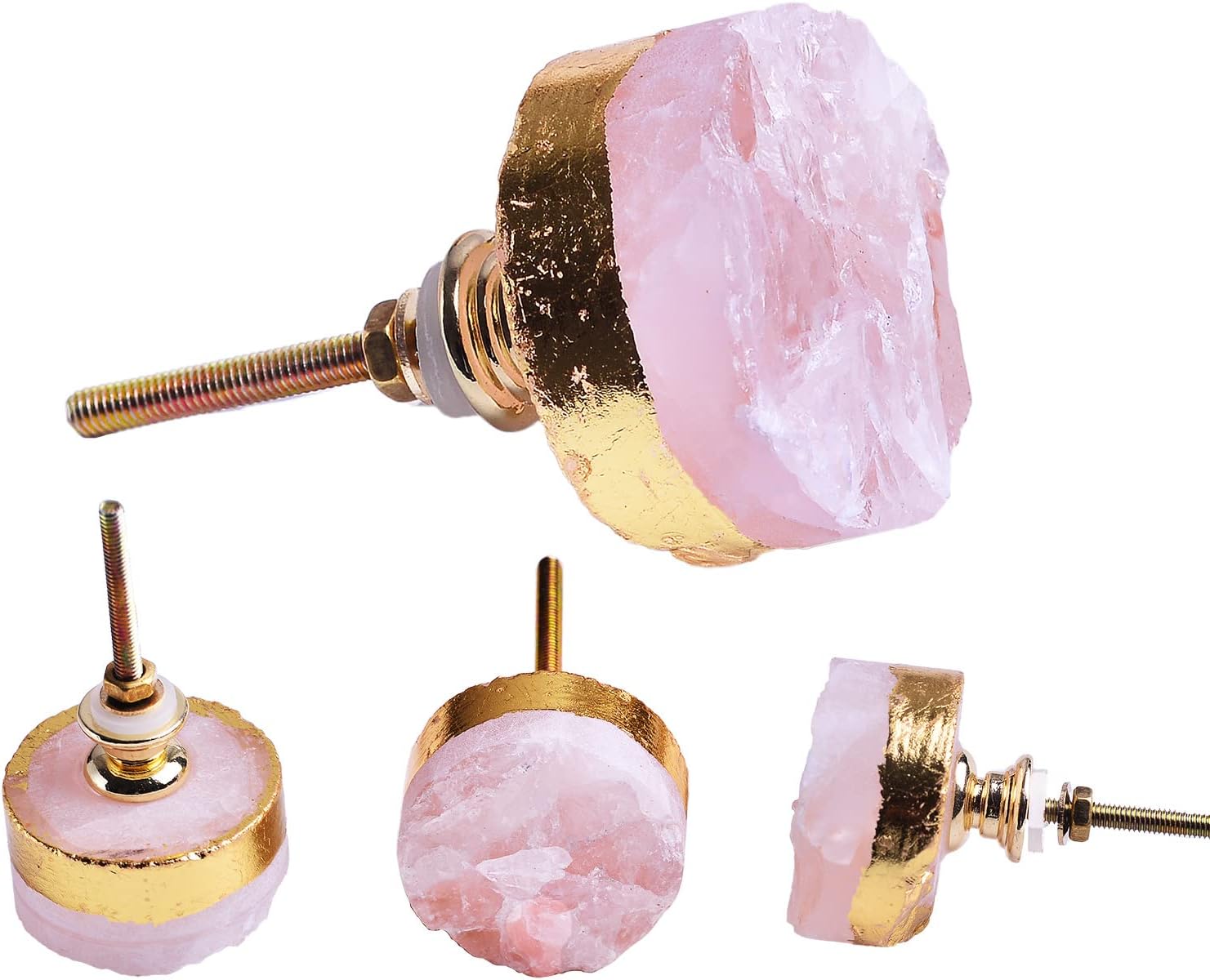 AMOYSTONE Crystal Cabinet Knobs Rose Quartz Dresser Knobs Pink Stone Round Kitchen Cupboard Drawer Knobs Handles Plating Gold Set of 4