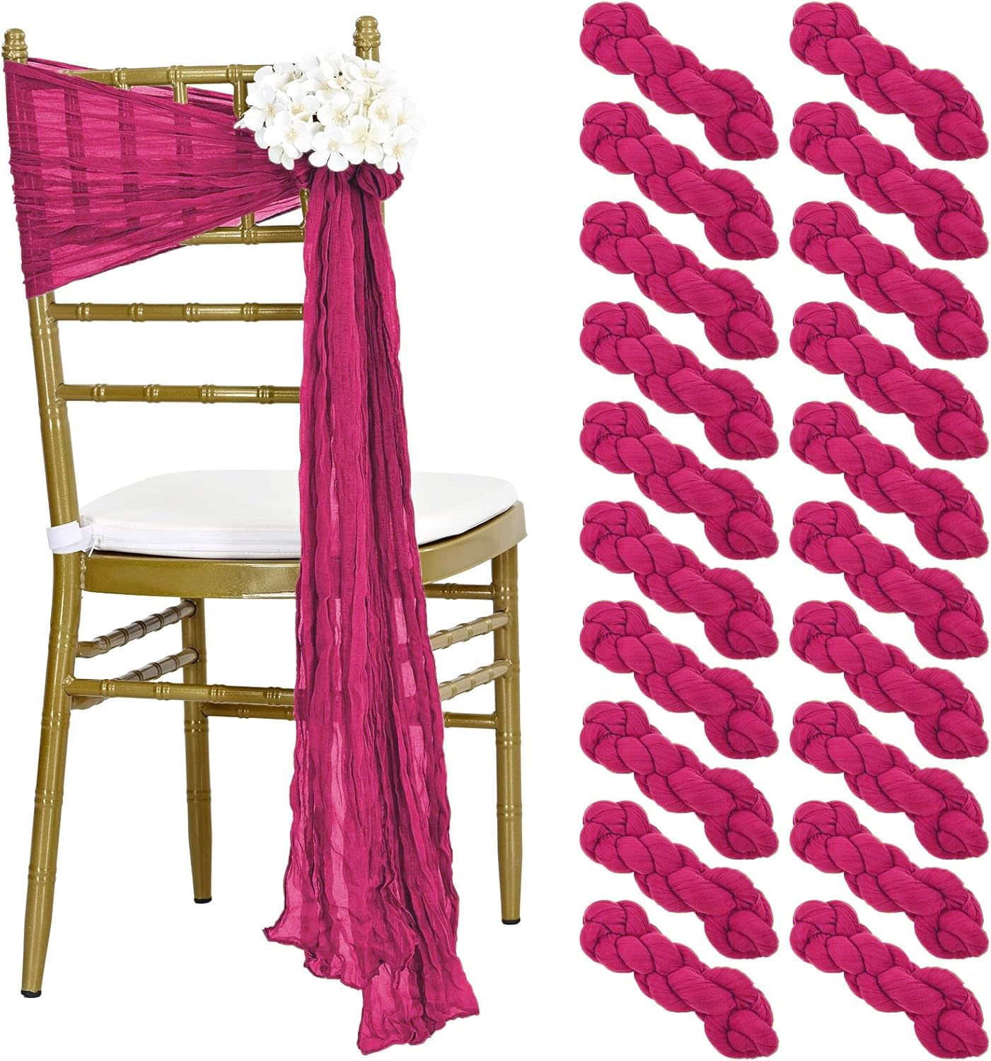 MDS Christmas Cheesecloth Chair Sashes 17x70 Inch - Pack of 10 - Rustic Gauze Chair Bows for New Year Holiday Party, Harvest Dinner, Thanksgiving, Wedding, Banquet Farmhouse Home Décor - Magenta