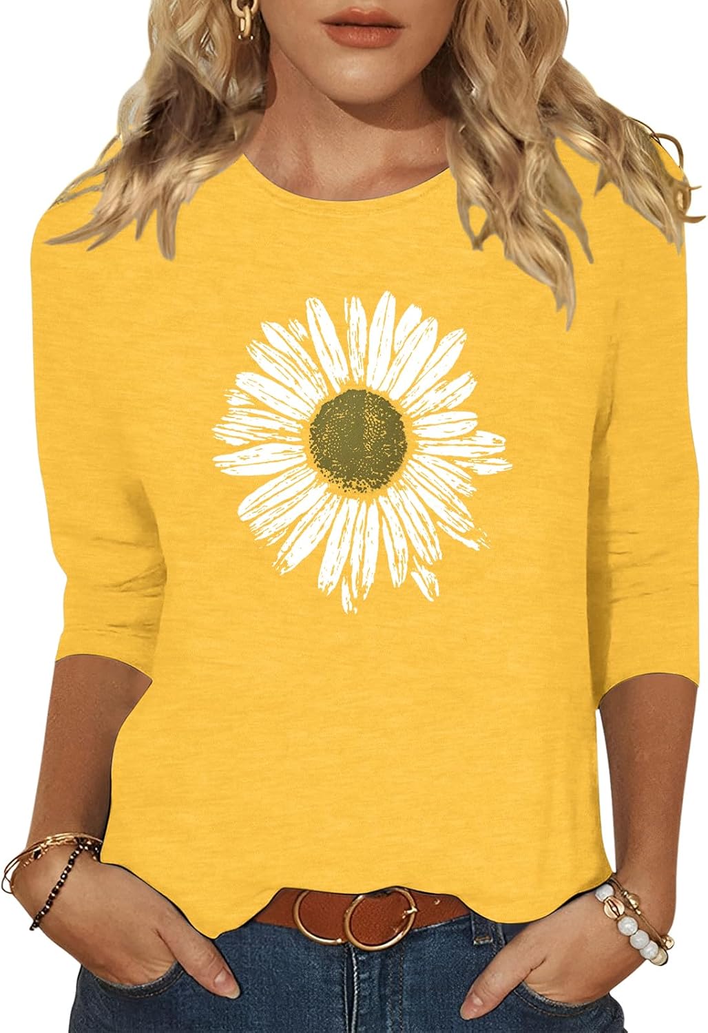 Chulianyouhuo Womens 3/4 Sleeve T Shirt Sunflower Graphic Tees Dandelion Flower Print Summer Casual Tops Blouse