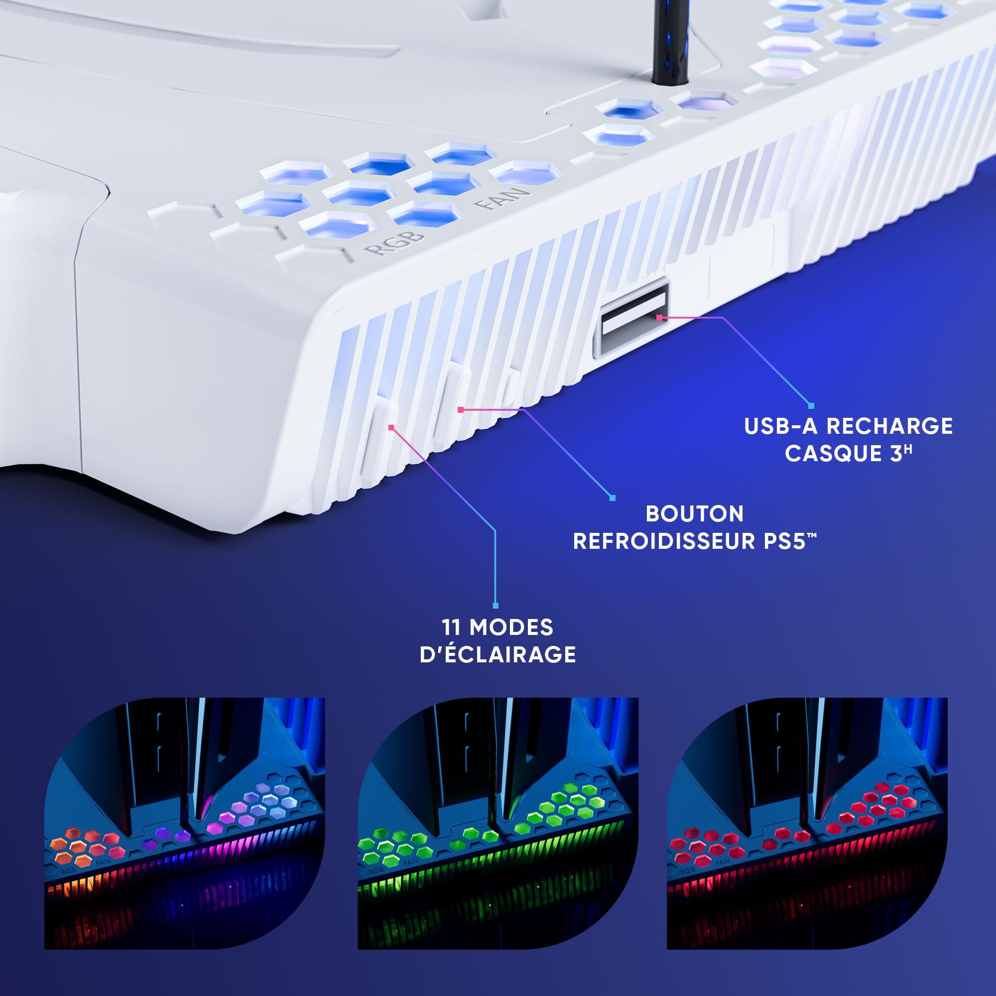 Support PS5/PS5 Slim - Station de refroidissement ventilateur à 3 vitesses, Double chargeur manette PS5 compatible DualSense, Support recharge casque et rangement accessoire 14 Jeux - Nexus 5
