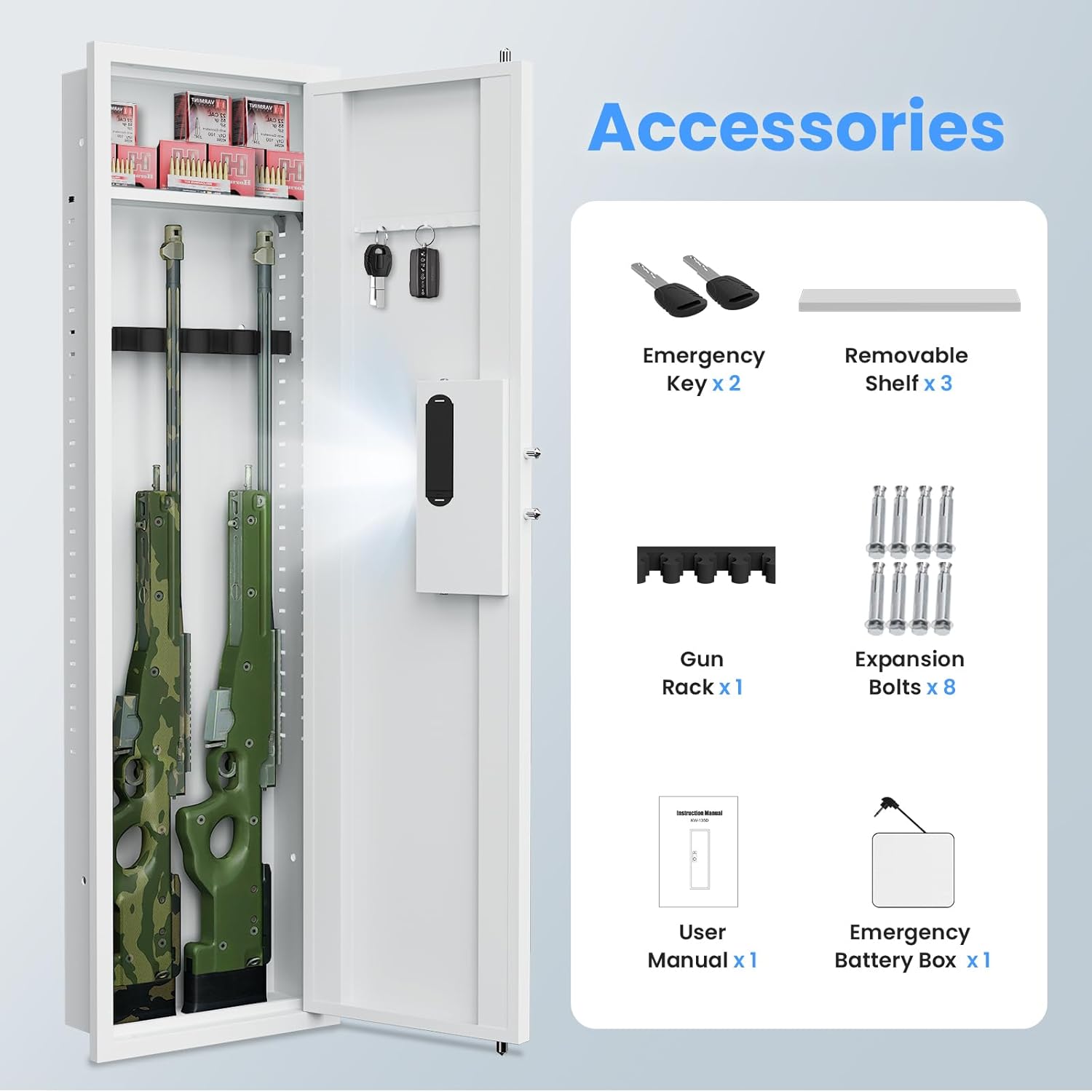 53.15" Wall Safe Between the Studs, Biometric Hidden Wall Gun Safe with Touch Digital Keypad ＆ Fingerprint Lock, Gun Cabinet for Rifles and Pistols with Dual Alarm ＆ Mute Mode