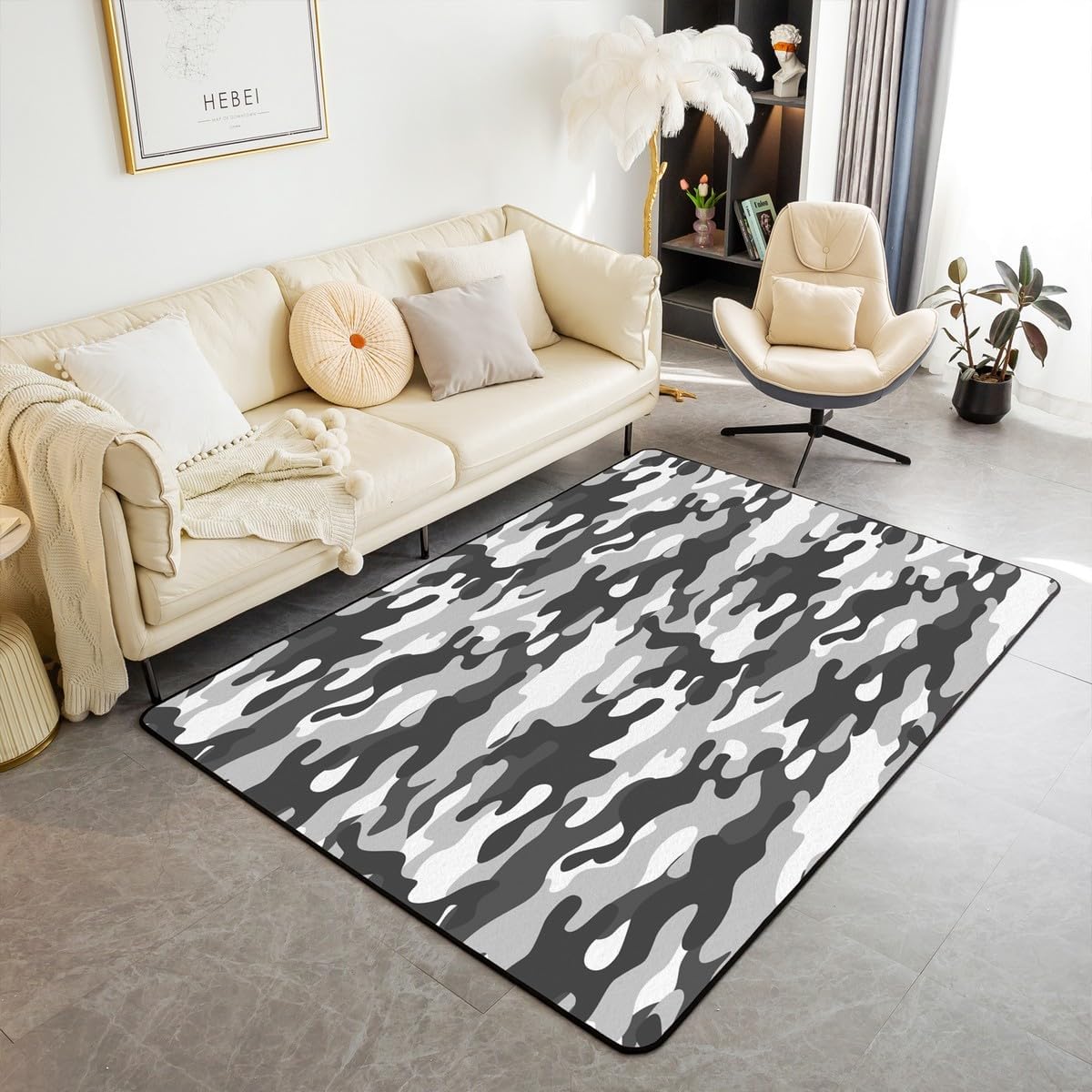 Camo Area Rug 5x7 Black and Gray Camo Decor Carpet Boys Abstract Graffiti Art Camouflage Accent Rug Set for Adult Teens Kids, Grey Farmhouse Decor Indoor Floor Mat Bedroom Living Room Bedside