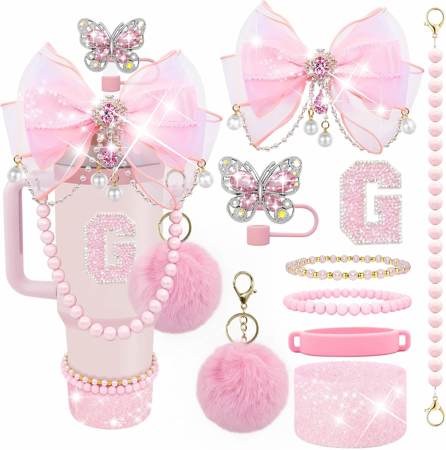 Letter Stickers Bling Accessories Set for Stanley 40/30/20 oz Tumbler: Bow Straw Topper, Charms, Butterfly Cap, Pearl Strap, Silicone Boot, Accessories for Stanley Quencher H2.0