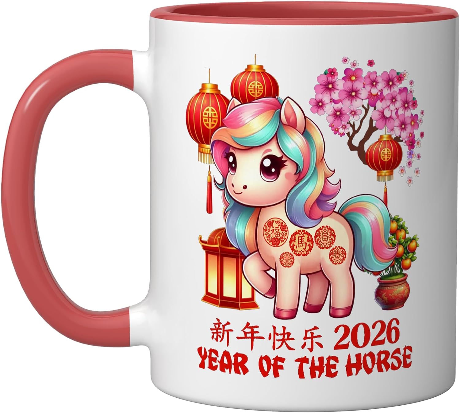 Year of Horse Lucky Chinese Lunar New Year Zodiac 2026 Red Ceramic Mug, Red/White, 11oz
