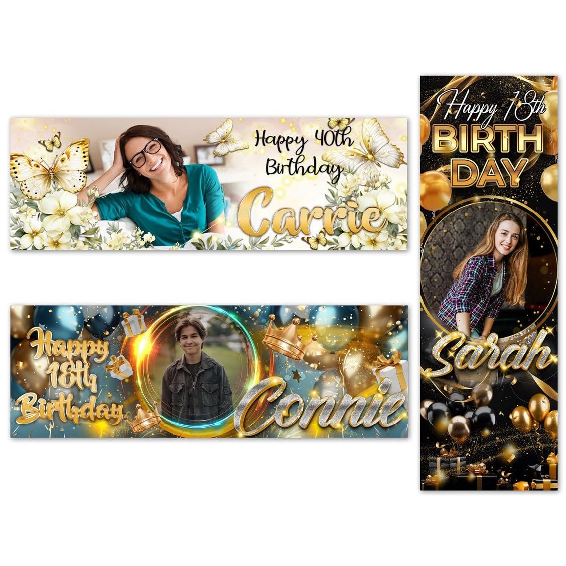 Personalised Happy Birthday Fabric 2ftx6ft Photo Banner Balloon Gold Blue Custom Photo Name Age Poster Kids Party Banner Gift Decoration-18th 20th 30th 40th 50th 60th 70th