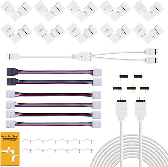 LED Light Connector Kit, REDTRON 10mm RGB LED Connector Includes 10x L Shape Connectors,2M LED Strip Light Extension Cable,4X Strip to Strip Jumpers,5X 4 Pin Male Connectors
