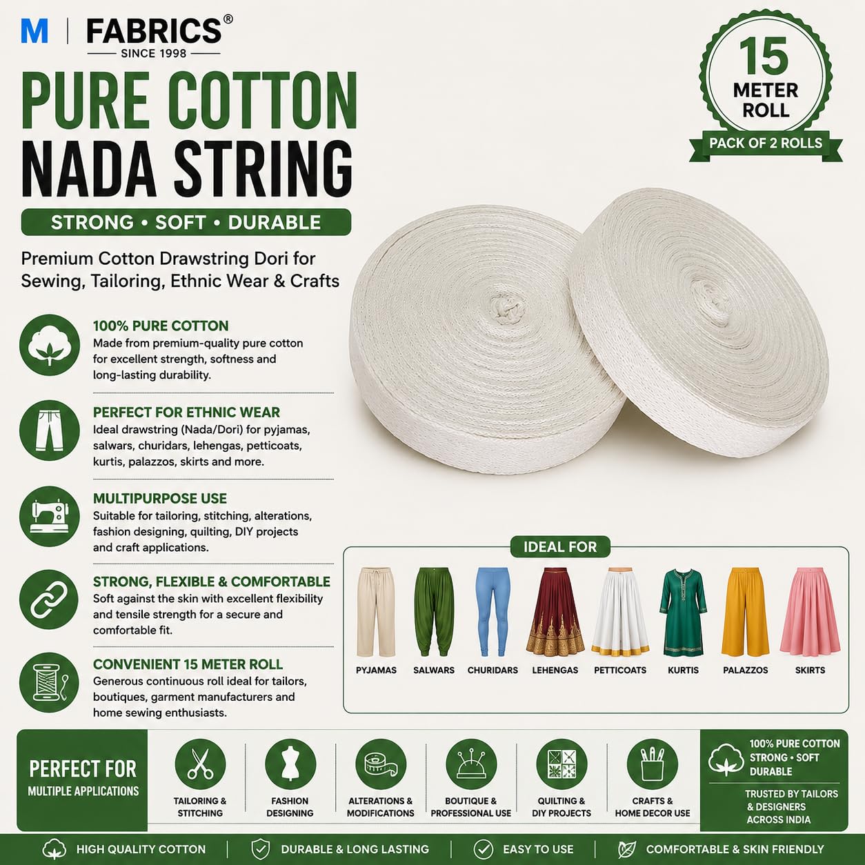 M Fabrics Pure Cotton Nada String 2 Pcs | Cotton Drawstring Dori for Pyjama Salwar Petticoat Lehenga Kurti Sewing Tailoring & Craft (15 Meter) (Pack of 2) - (0.25 Inches Width) 1