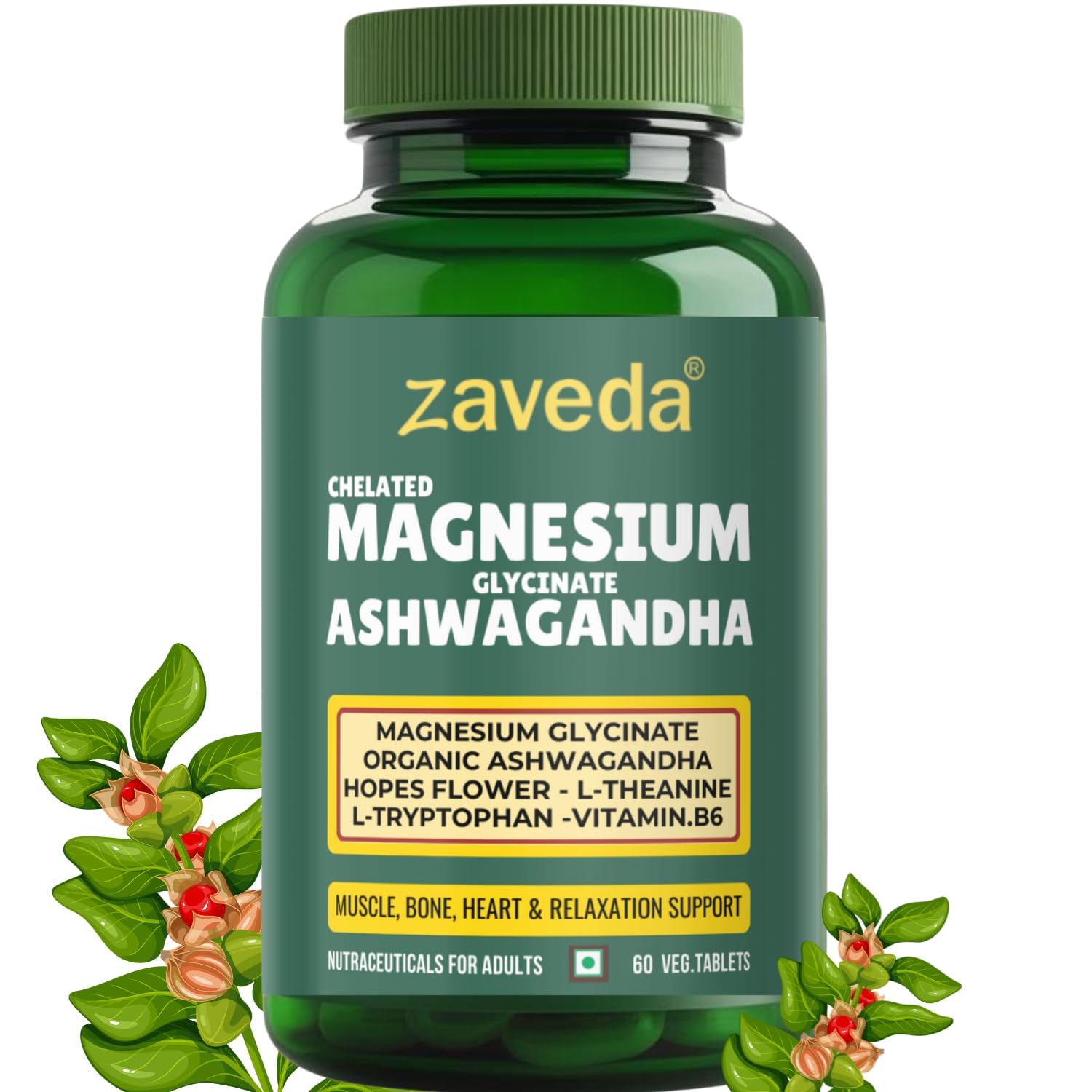 Magnesium Glycinate Ashwagandha Tablets with Hopes flower, Vit. B6, L-Theanine, L-tryptophan & zinc | Highly Advanced Plant based formula | Muscle Recovery, Sleep & Nerve halth | 60 VegTablets
