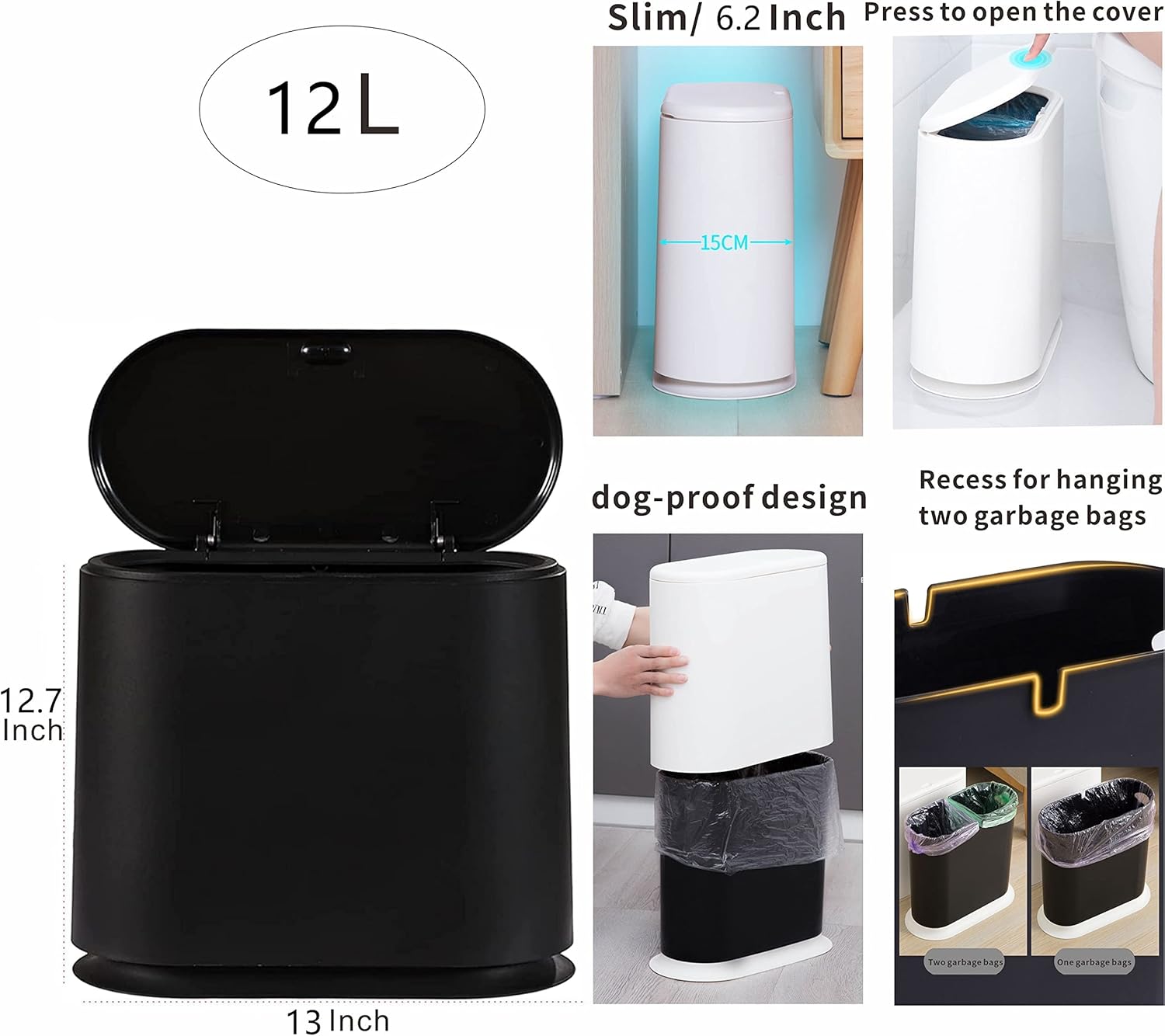 Black Slim Bathroom Trash Can with Press Top Lid,12 Liter Small Thin Garbage Can,3.17 Gallon Narrow Dog Proof Plastic Waste Basket and Covered Wastebasket for Room,Bedroom,Kitchen,Toilet,Office,Dorm - Image 2