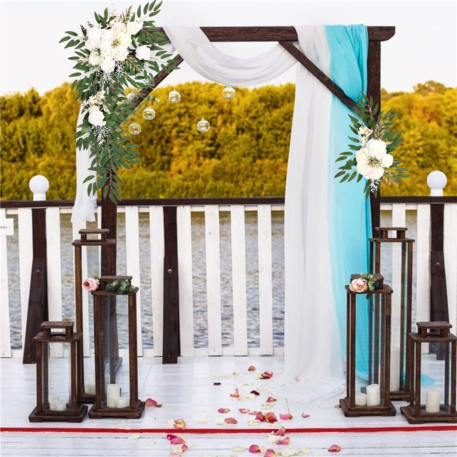 2 Stück Hochzeitsbogen-Blumen, Künstliche Rosen-Pfingstrosen-Blumengirlanden mit Grünen Eukalyptusblättern, Hochzeits-Willkommensschilder, Künstliche Grüne Girlanden für (B)