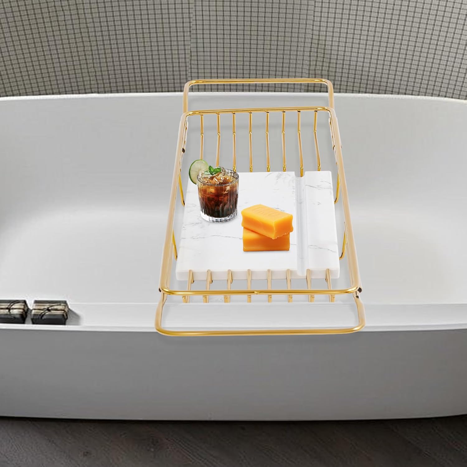 Bathtub Tray for Tub, Metal Expandable Extra Wide Bath Caddy Tray for Bathtub with Natural Marble Groove for Bath Spa (Gold Frame White Marble Base)