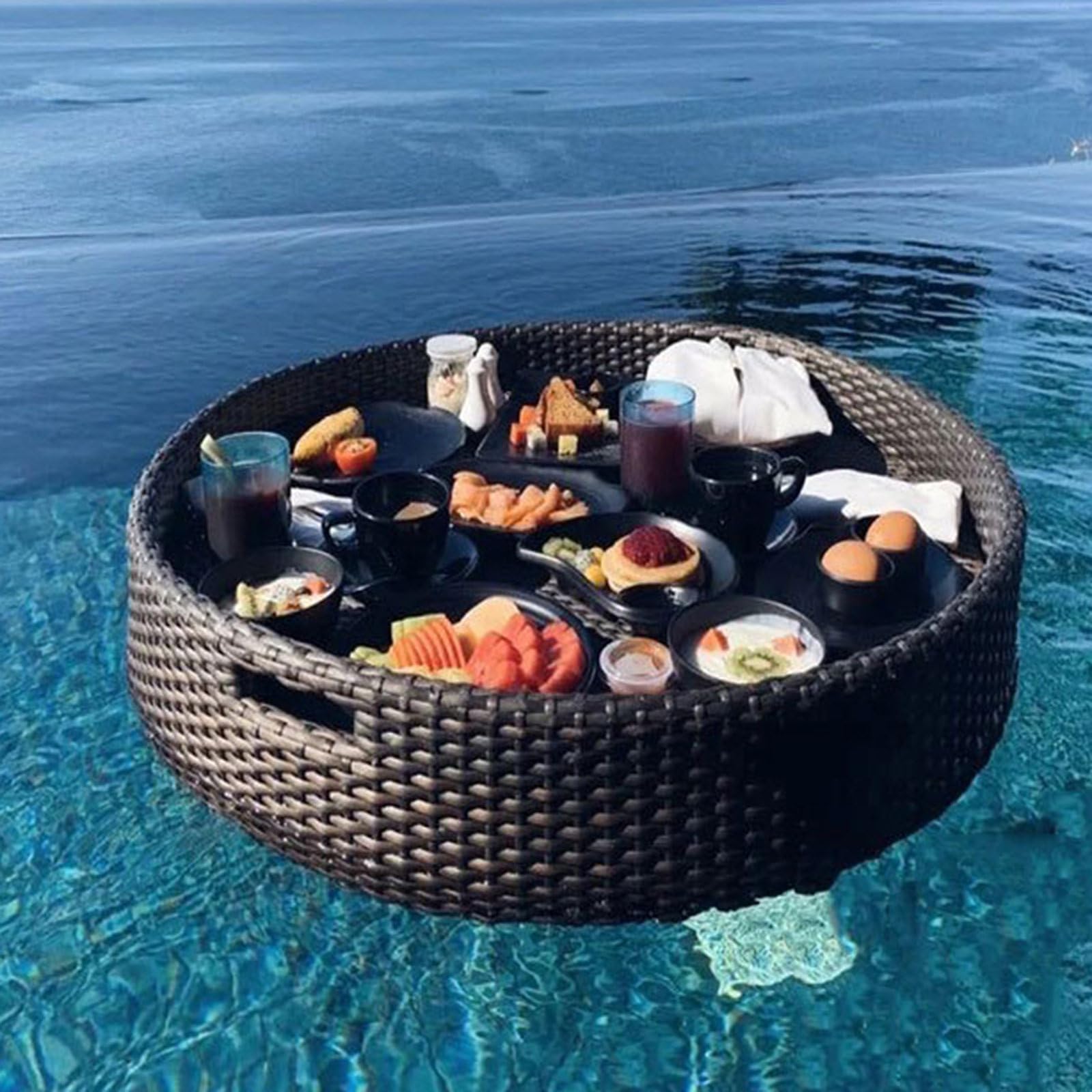 Swimming pool floating bar, Rattan Woven Serving Tray,Swimming Pool Floats(Black,60cm)