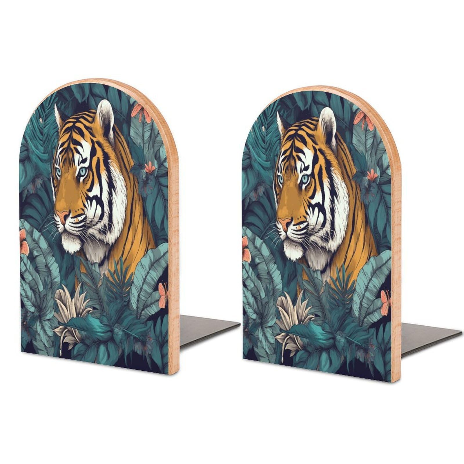 Tropical Tiger Bookend Wood Book End for Shelves Heavy Duty Non-Slip Wooden Bookend Support Universal Economy Bookends Fancy Modern Decorative Book Accessories 1 Pairs