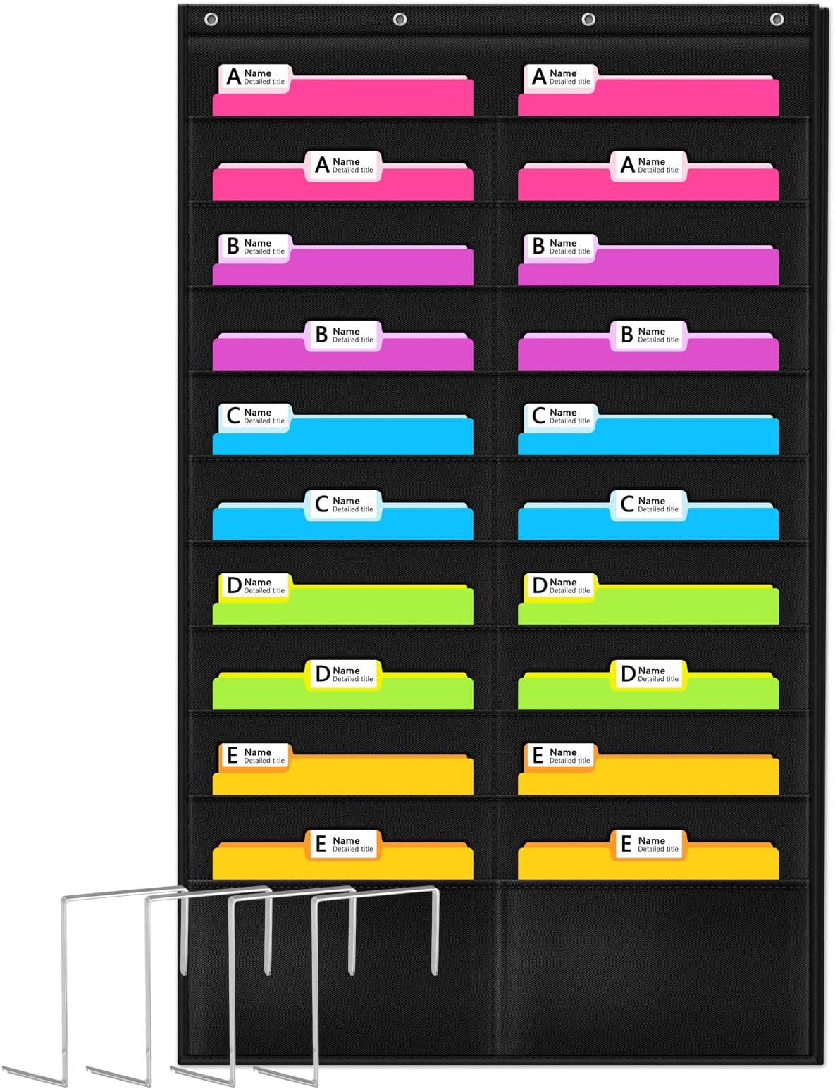 Godery Folder Pocket Chart (Black), Cascading Wall Organizer for School, Classroom, Home or Office Use, 20 Pocket Chart Hanging Wall Organizer with 4 Hangers