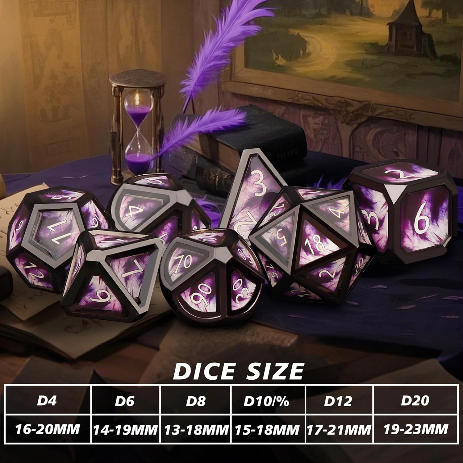 Haxtec Mystery Metal DND Dice Set 7pcs Polyhedral Dice + 3 Funny Waterproof Stickers, Metal Dice for Dungeons & Dragons, Chance to Win Hollow Metal Dice, Great DND Gift, No Duplicates in 2/5 Packs