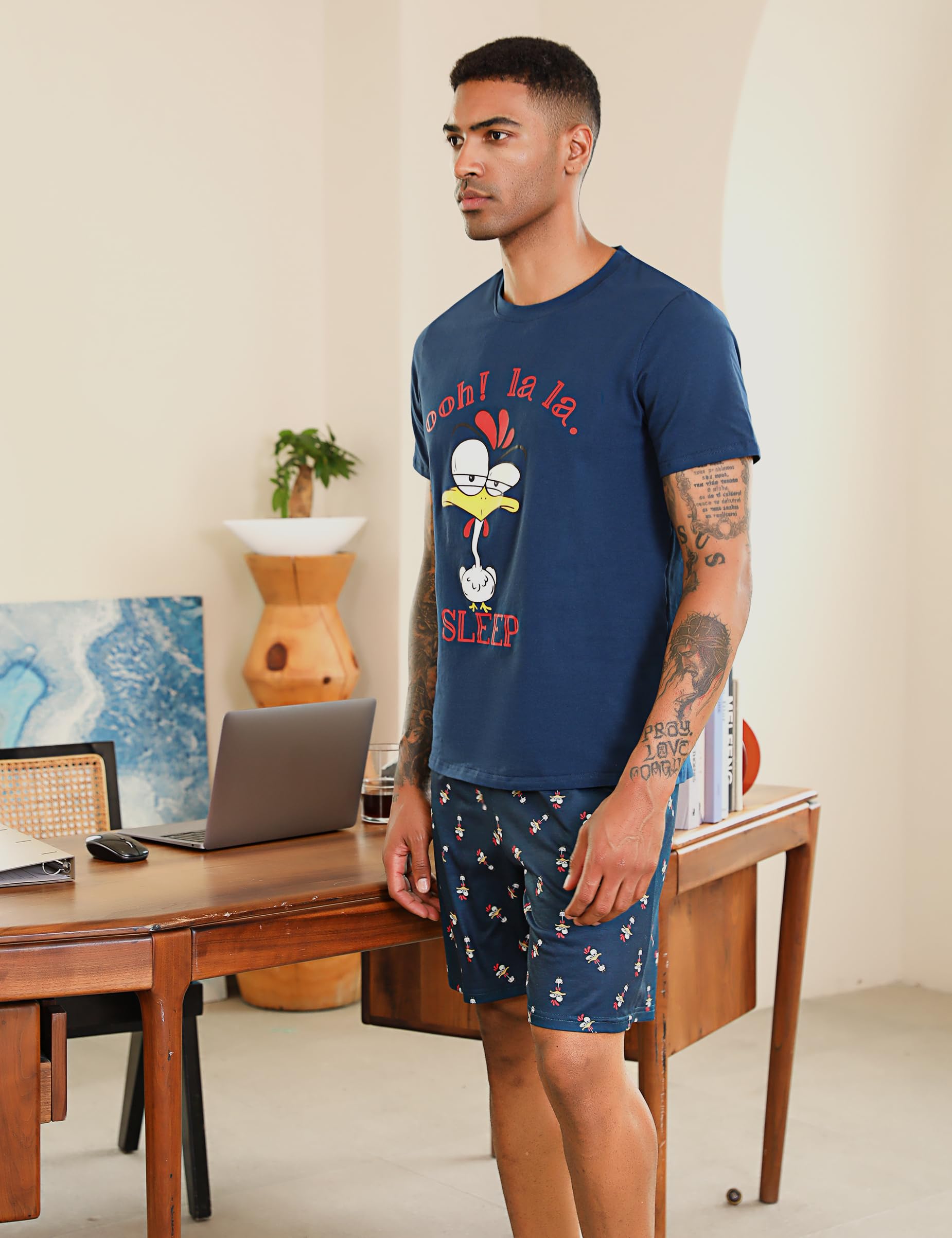 Pigiama da Uomo in Cotone Pigiama Estivo Corto Set Manica Corta Modello Carino Stampa Sleepwear Loungewear