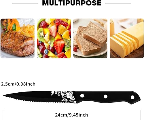 Miniatura 7 de Stapava Juego de 8 cuchillos para carne, acero inoxidable, color negro, afilado, dentado, mate, con patrón láser, para cocina, restaurante, picnic,