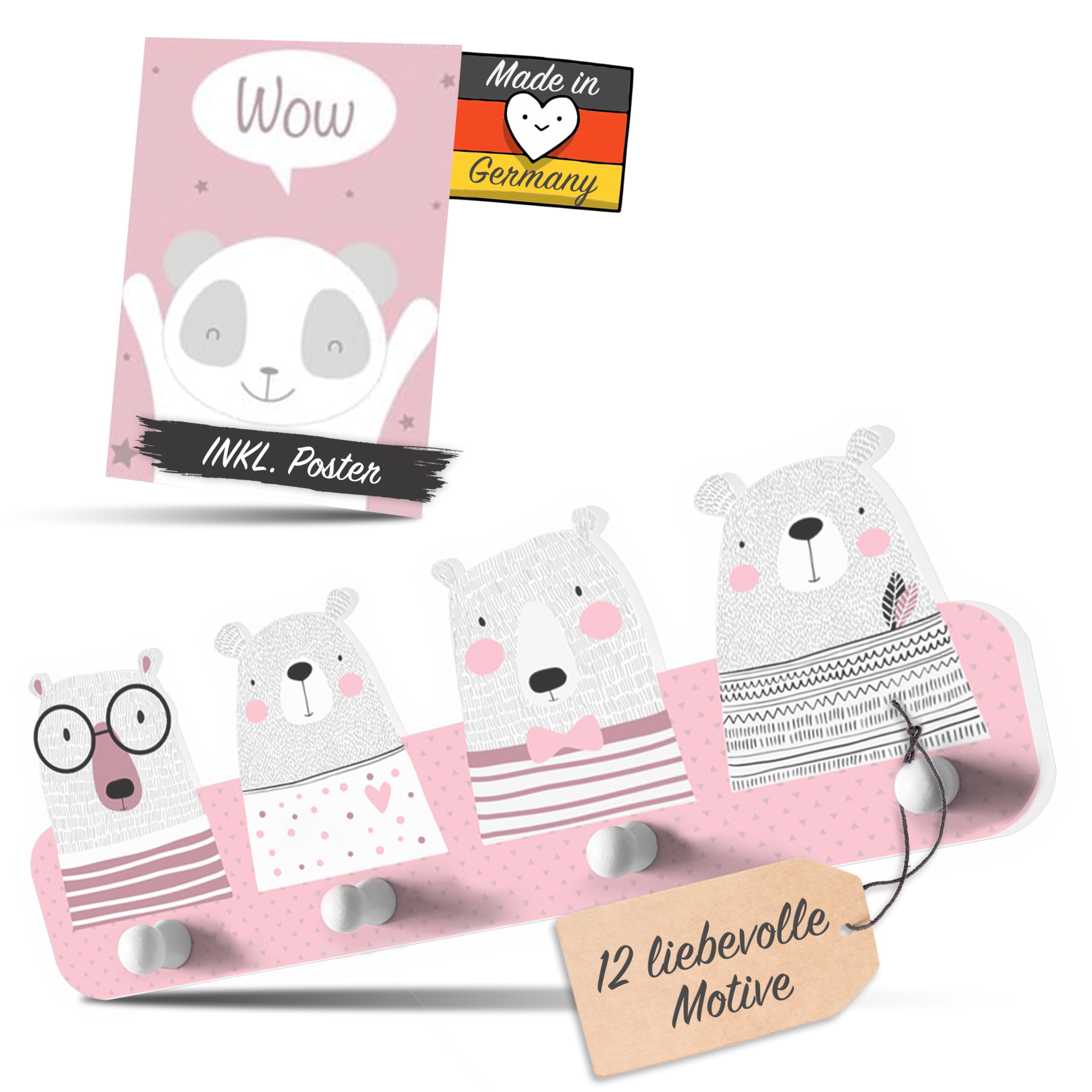 Kindsblick ® Kindergarderobe in Rosa - Bären Edition mit 4 Haken inkl. Niedlichem A4 Poster - Wunderschöne Garderoben Deko - Maße (38 x 15 x 1 cm)