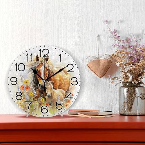 Miniatura 2 de Reloj de pared con diseño de flores de caballos, funciona con pilas, sin tictac, de cuarzo, analógico, rústico, rústico, reloj redondo, decoración