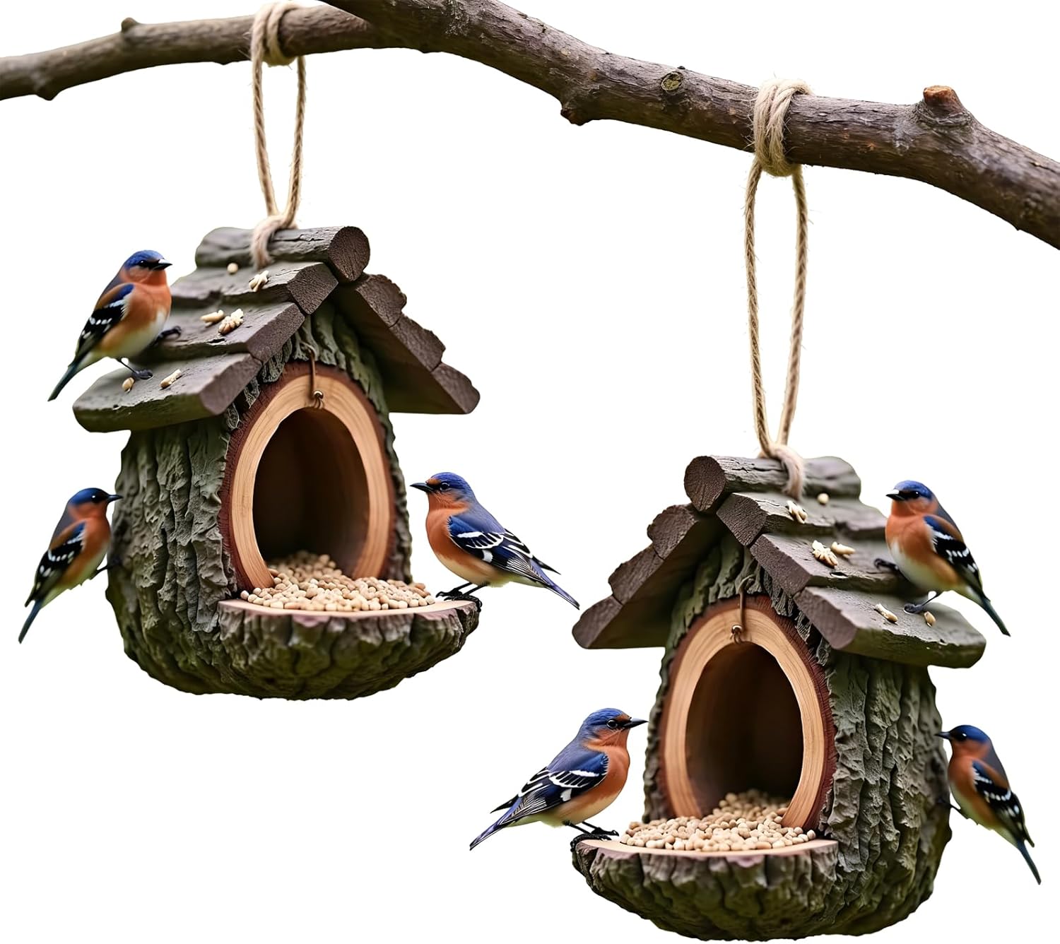 Handmade Vintage Treehouse Shape Bird Feeder, Bird Feeders for Outdoors, Waterproof Resin Tree-Mounted Sculpture, Open Design Feeding Birdhouse with Seed Tray for Outdoor Garden Decor (2 Pcs)