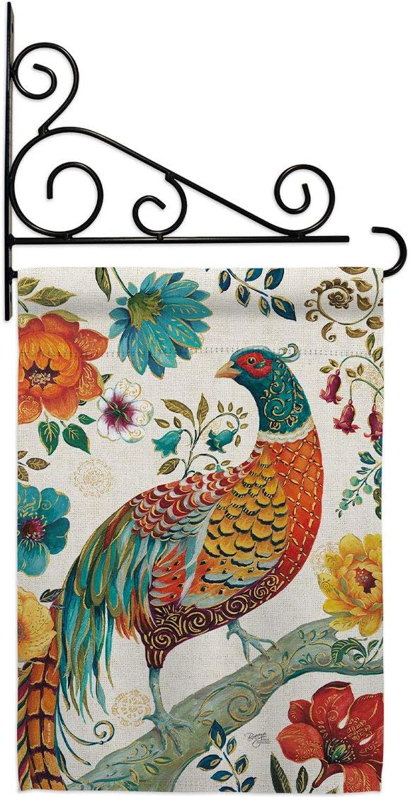 Suzani Peacock Garden Flag Set Wall Holder Animals Bird Flamingo Hummingbird Cardinal Springtime Natural Wildlife Small Decorative Gift Yard House Banner Made In USA 13 X 18.5