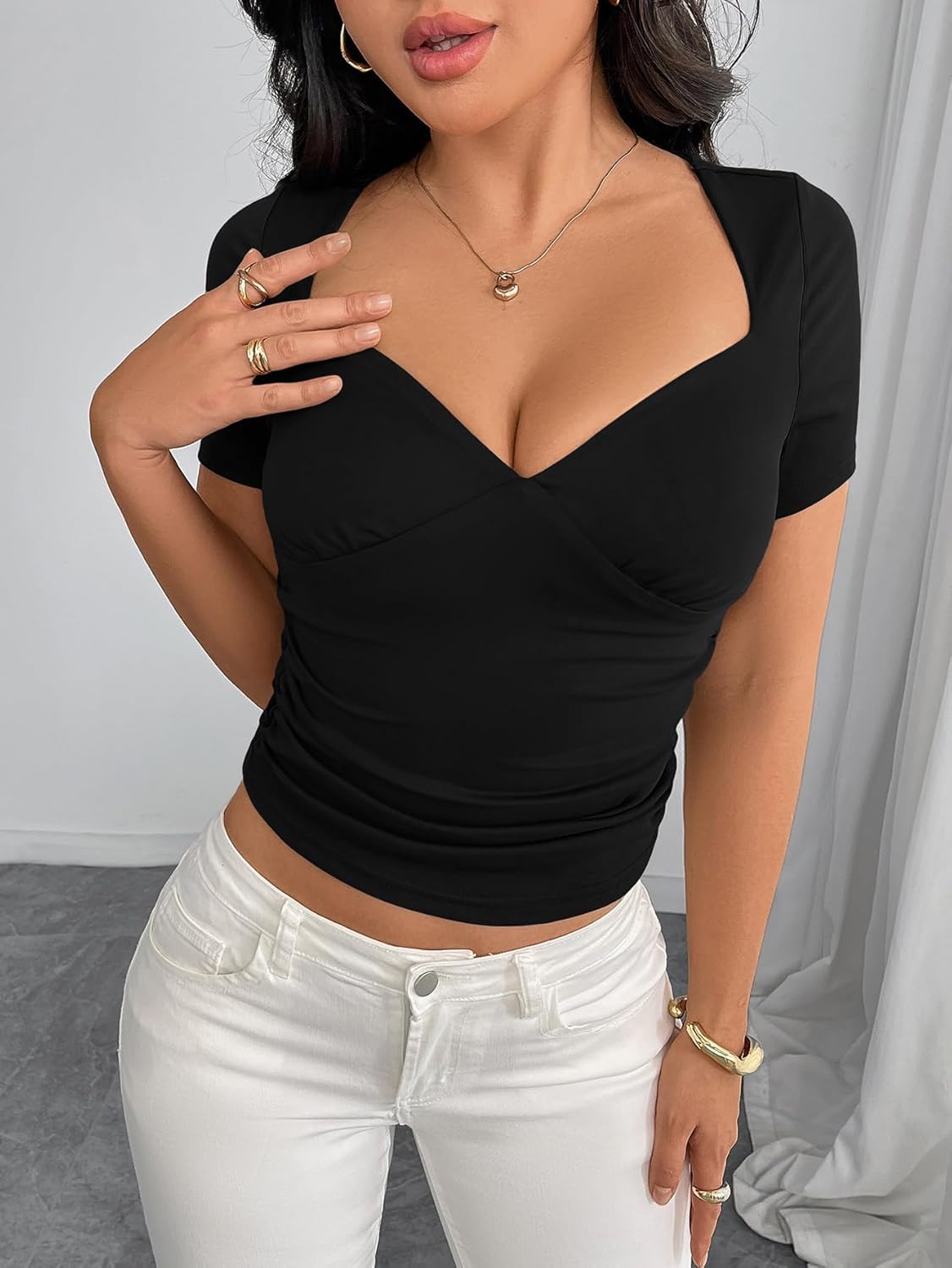 Women's Sexy Deep V Neck Tops Summer Short Sleeve T-Shirt Slim Fitted Solid Y2K Going Out T Shirts Top Y57 - Image 3