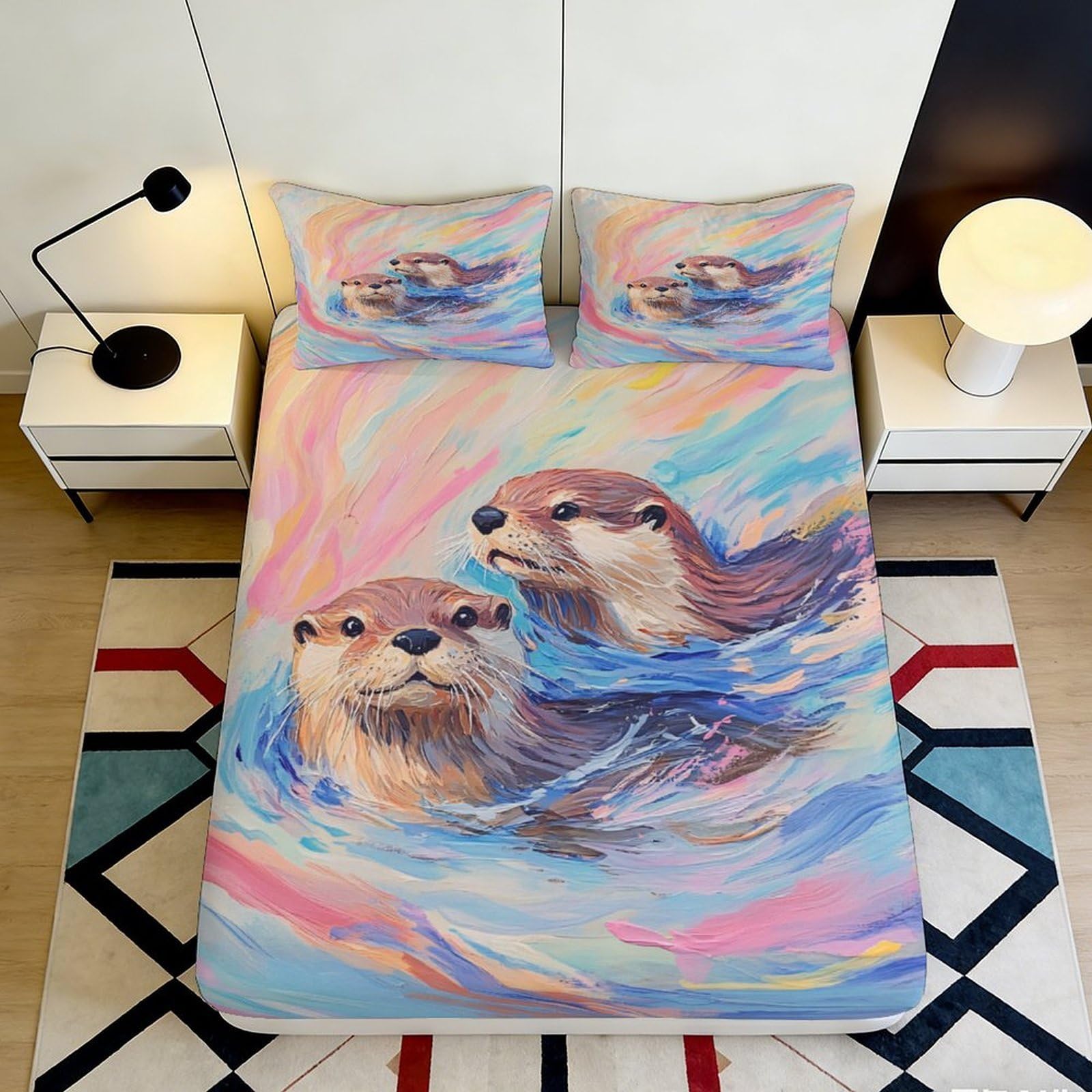 3D Printed Otter Watercolor Fitted Sheet Microfiber Soft Breathable River Art Mattress Cover for Bedroom Dorm Mattress Protection Decor 90x200x25cm