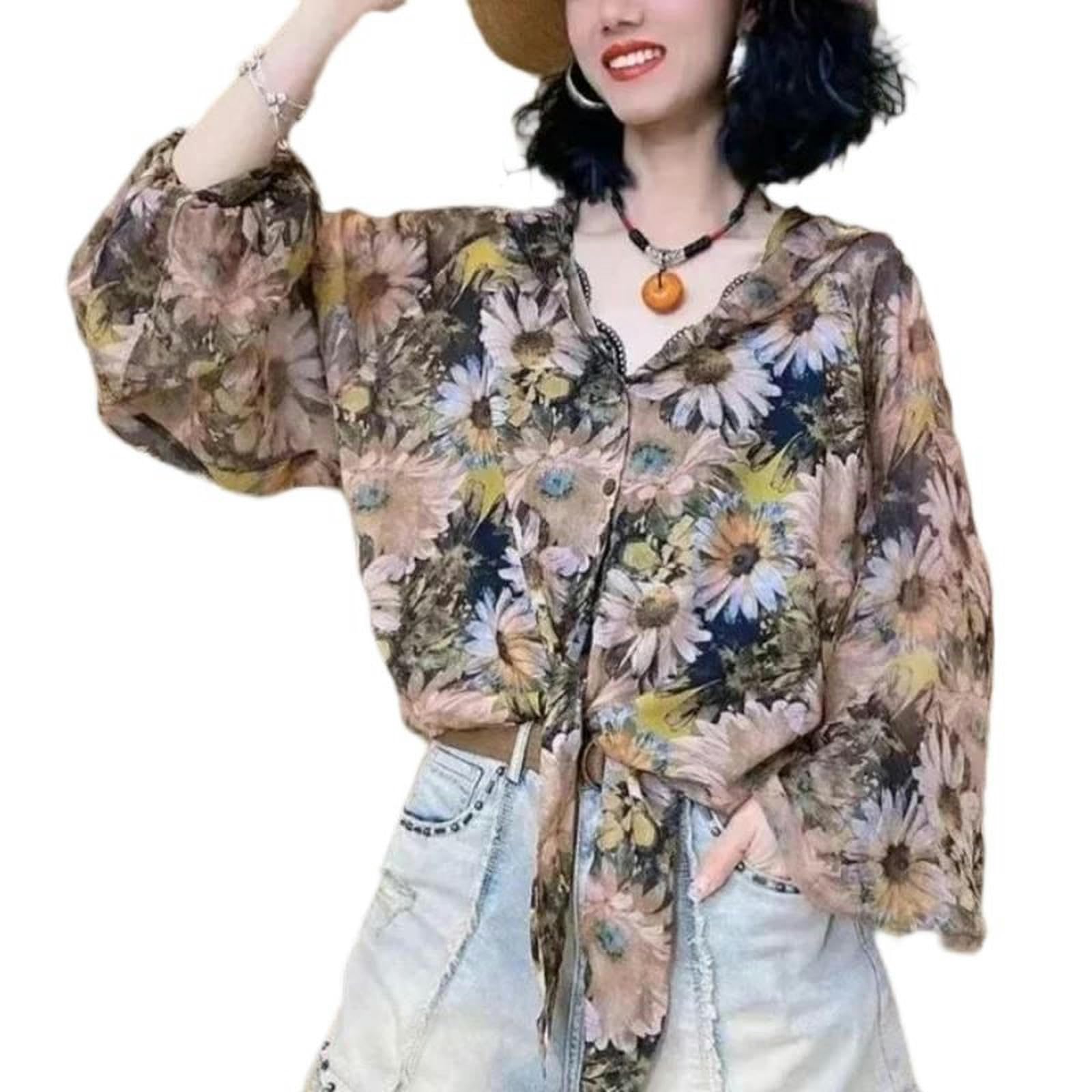 Camisa de girasoles para mujer en color marrón ideal para paseos de verano