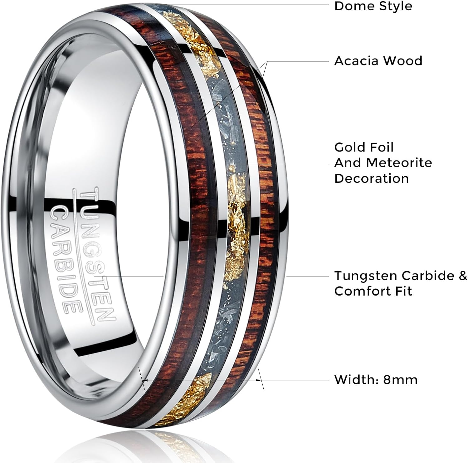 Vakki Tungsten Rings for Men Meteorite Gold Foil Inlay Koa Wood Wedding Band Polished Finish 8mm Promise Engagement Ring Comfort Fit Size 7-12 - Image 5