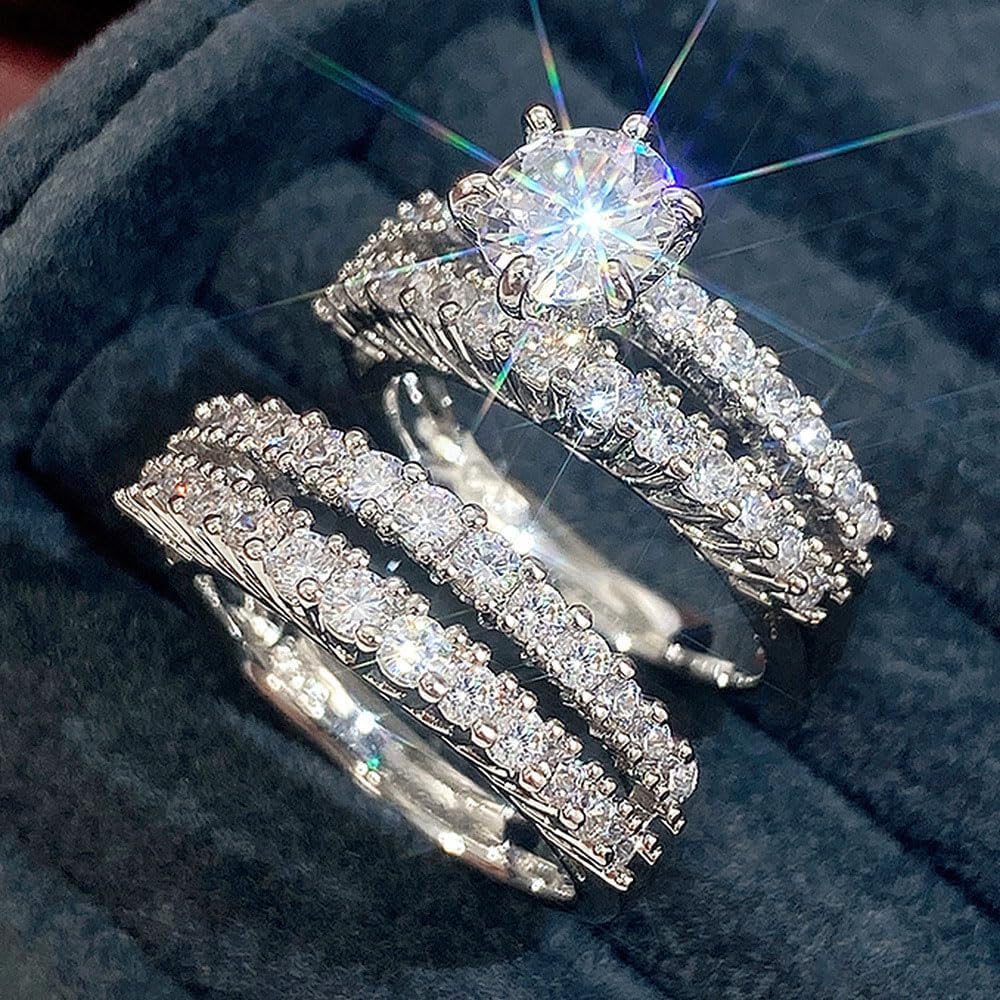 2pcs/set White Golden Plated Cubic Zirconia Stackable Engagement Rings Wedding Bridal Band Promise Rings Evening Parties Anniversary Valentine's Day Gifts Eternity Bands for Women
